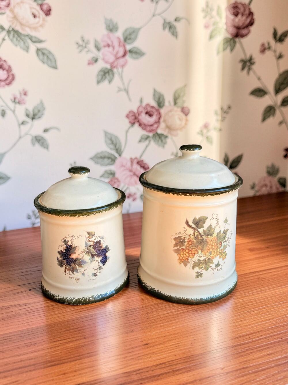 Vintage World China Grape Canister Set 2 Ceramic Cream Green Country Kitchen